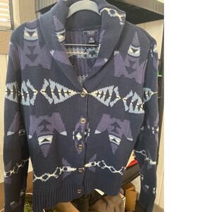CHAPS Navy Geometric Pattern Shawl‎ Collar Cardigan Sweater XL Cotton Acrylic